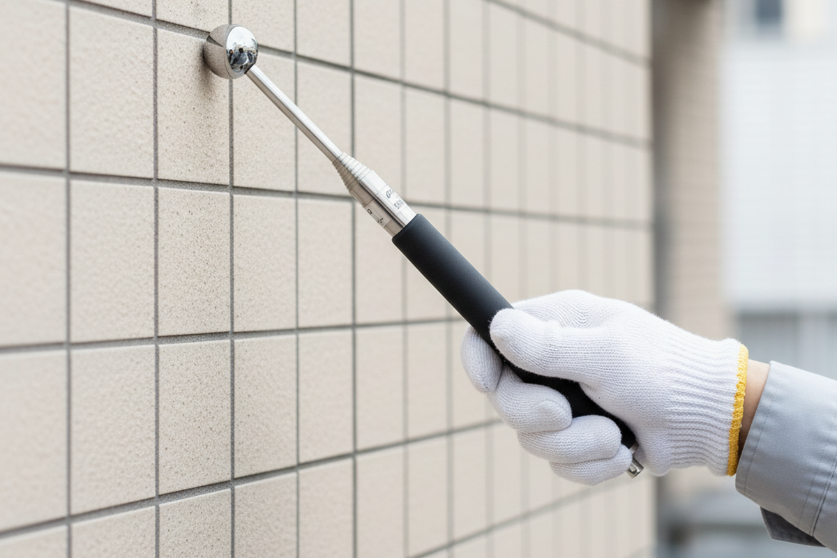 打診棒の先端にあるステンレスボールが外壁タイルに触れている打診調査のクローズアップ