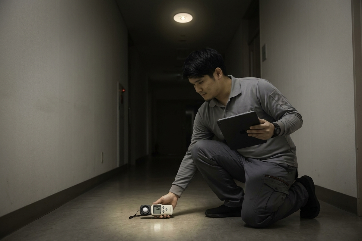 低照度測定用照度計を床面に置いて非常照明の照度を測定する様子