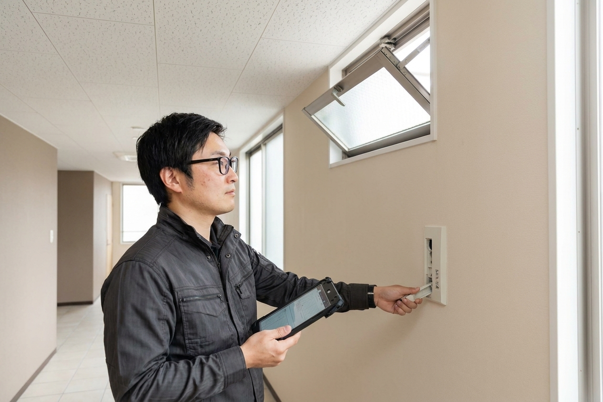 大阪府内の定期報告における排煙窓点検の様子（建築設備定期検査）