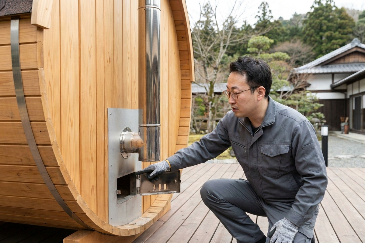 屋外に設置された薪ストーブ式バレルサウナを点検する作業員のイメージ