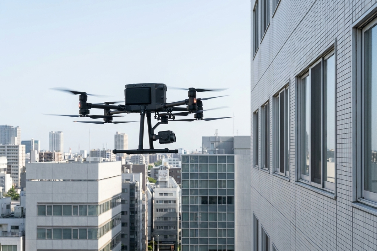 都市部のビル外壁から約10メートル離れてホバリングするMatrice350型の産業用ドローン