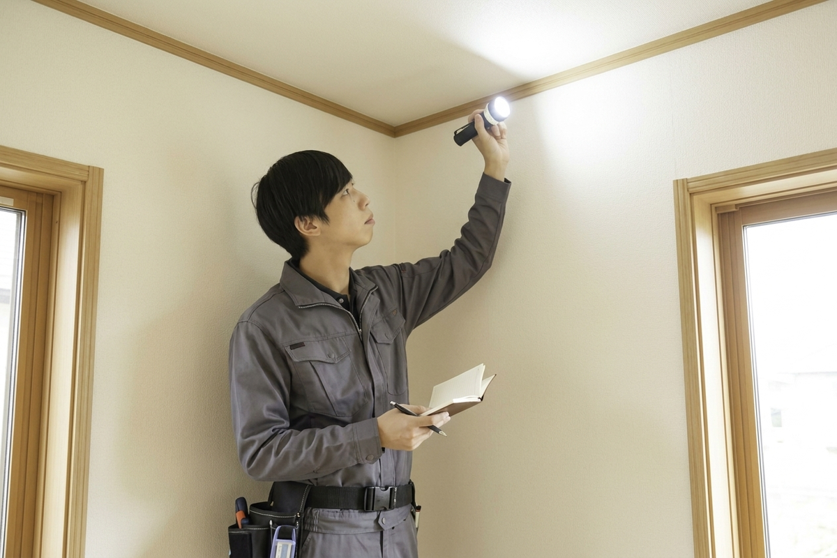 懐中電灯で天井の雨染みを確認するホームインスペクターのイメージ