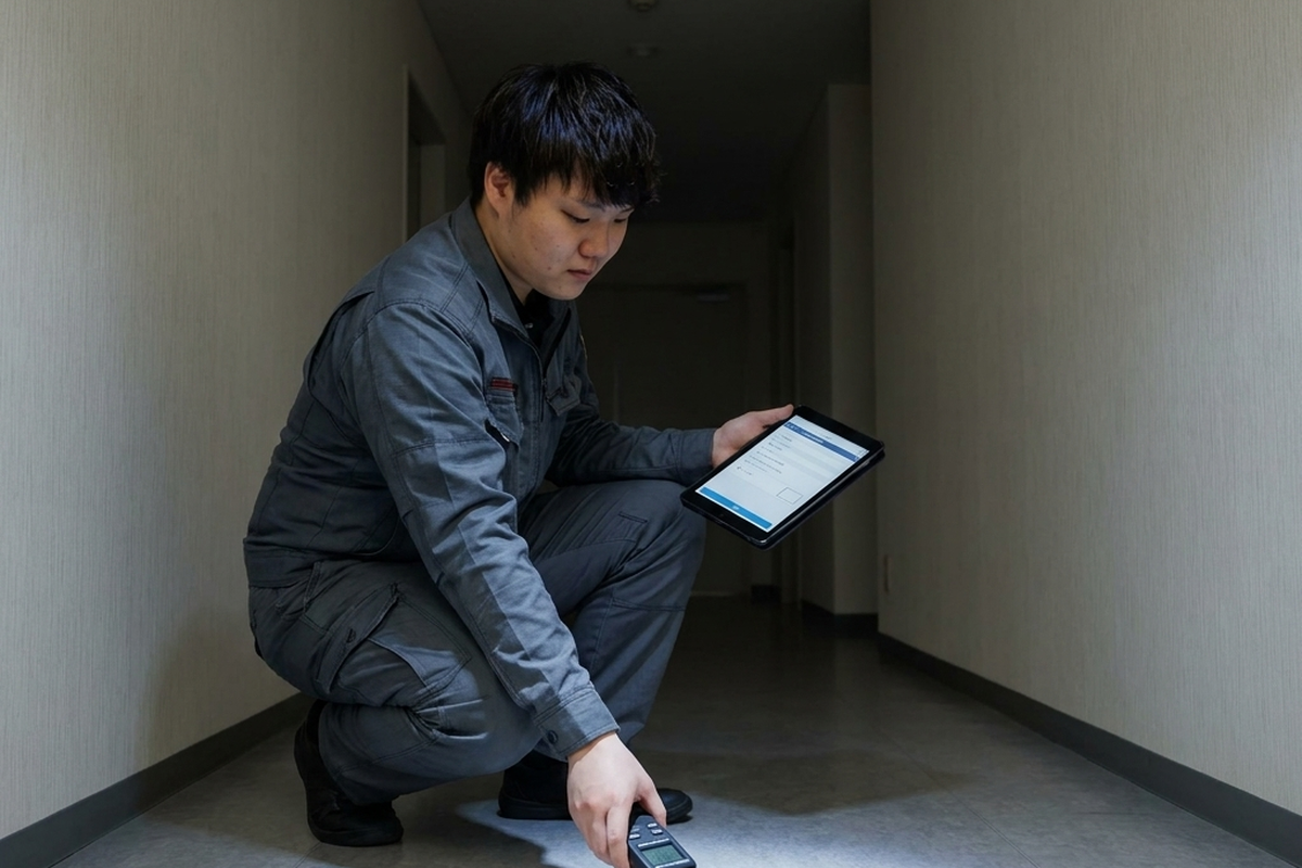 非常用照明の照度を測定する12条点検（建築設備定期検査）の様子