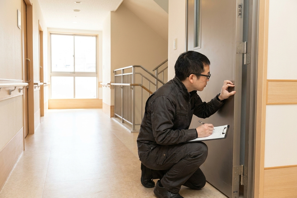 中規模オフィスビルの定期報告点検を行うテックビルケアの調査員
