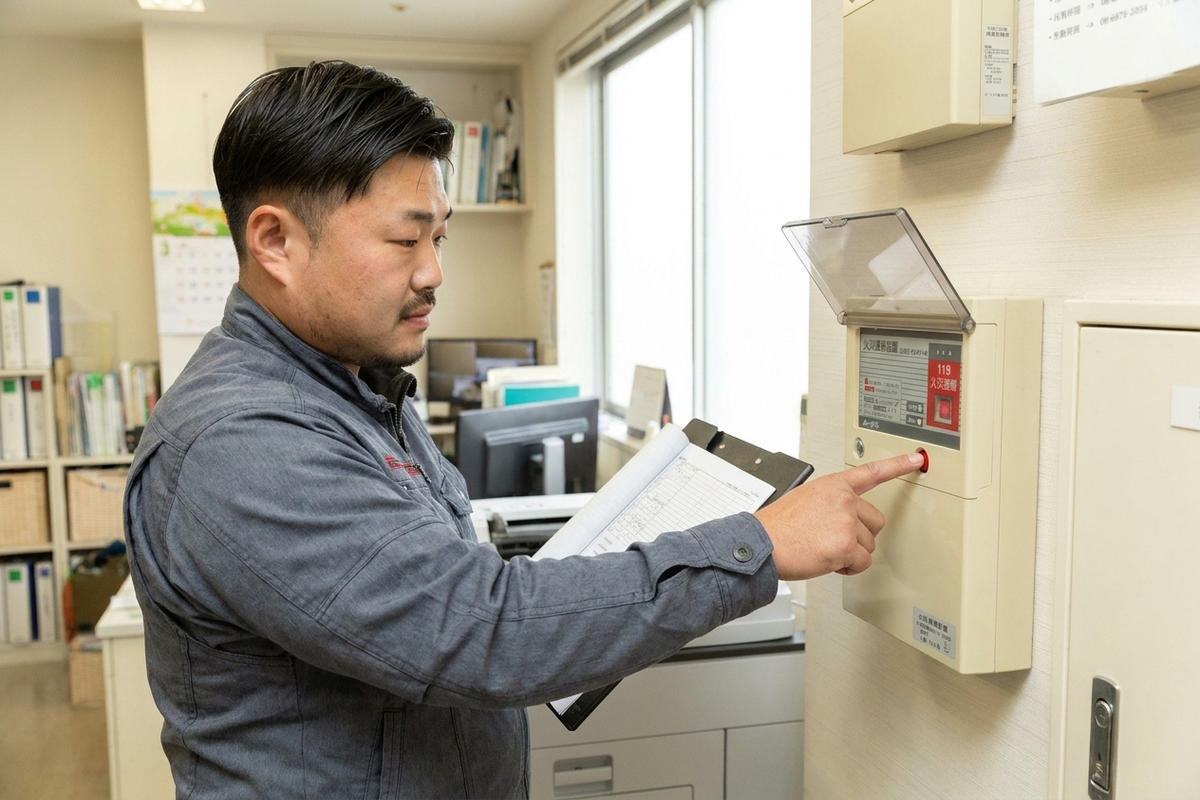 消防機関へ通報する火災報知設備の通報ボタンを押す職員のイメージ