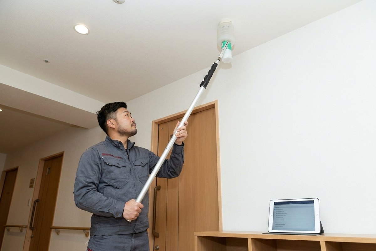 加熱試験器を用いた天井感知器のあぶり試験のようす
