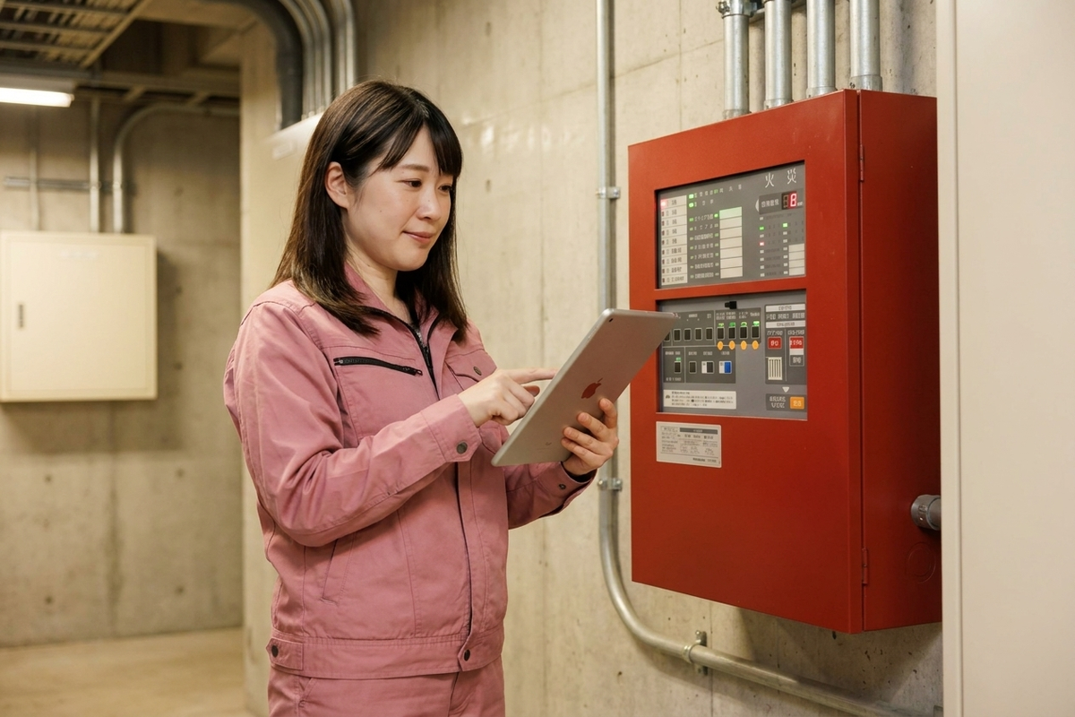火災受信機の前で点検結果をiPadに記録する防火管理者の女性スタッフ