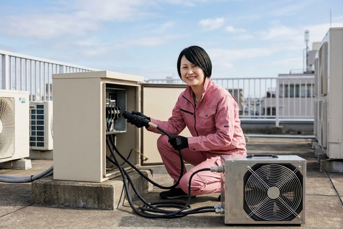 屋上で疑似負荷試験機のケーブルを非常用発電機に接続する点検員のイメージ