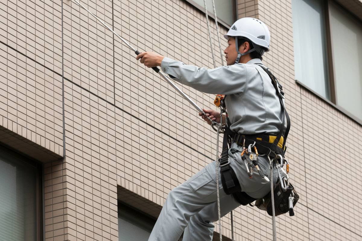 ロープアクセス工法で高所の外壁タイルを打診棒で調査する直接打診の様子