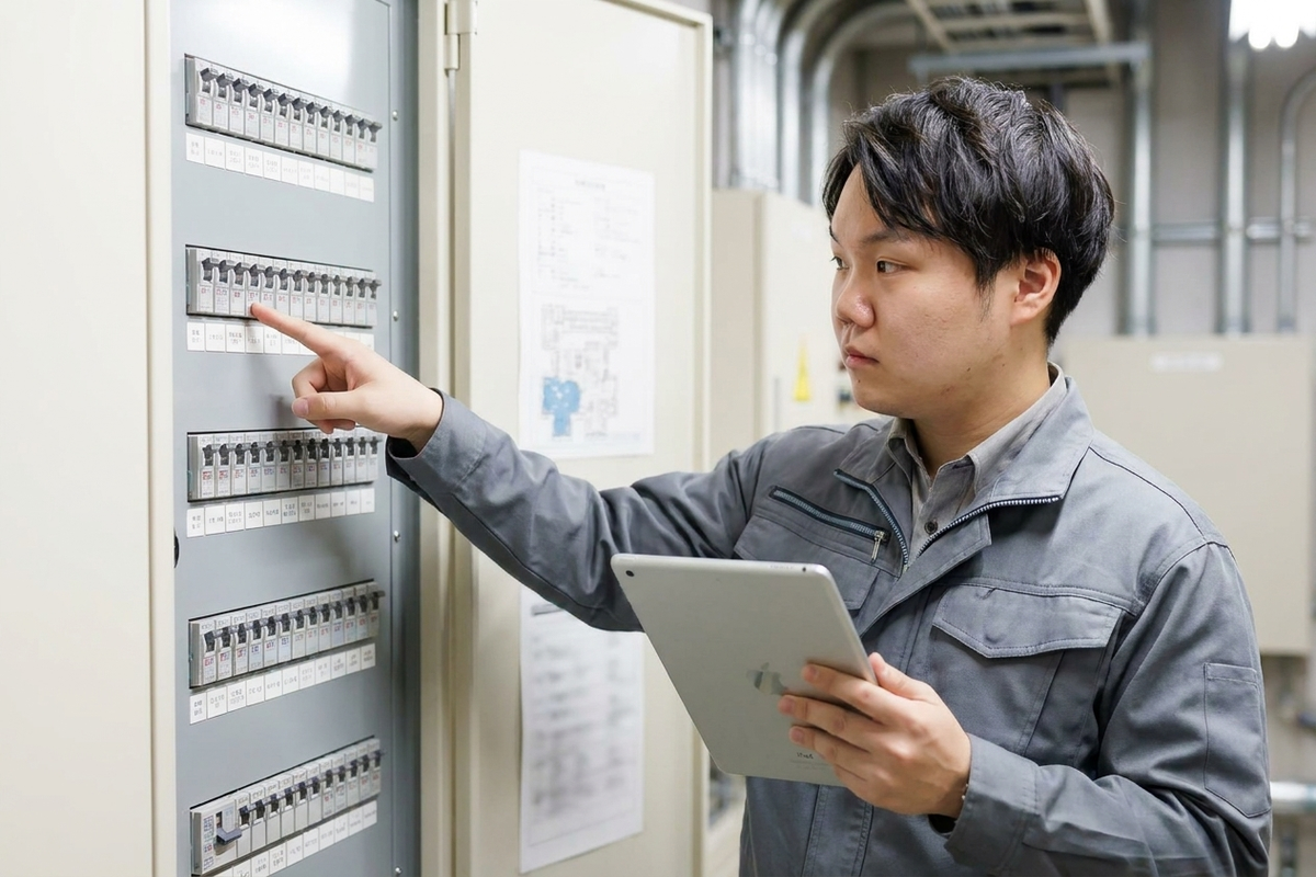 分電盤の非常用照明分岐回路の表示を確認する様子