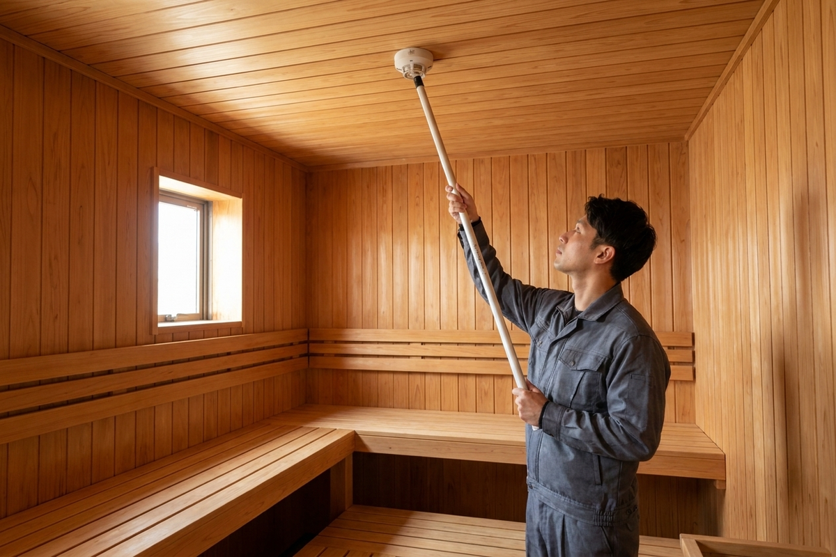 サウナ室内の定温式感知器を点検するテックビルケアの消防設備点検員