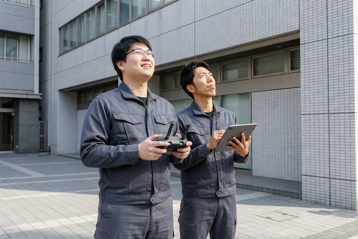 都市部の現場で包括申請により飛行するドローンを操縦するテックビルケアのパイロットと補助者