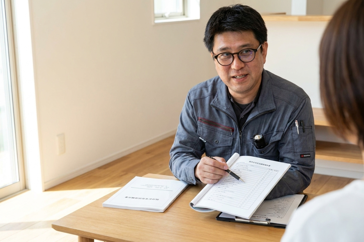 既存住宅状況調査の告示書式報告書を確認する検査員のイメージ