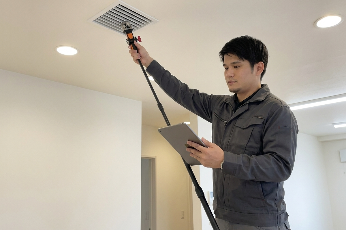 天井の換気給気口に風量計を当てて測定する12条点検の建築設備検査