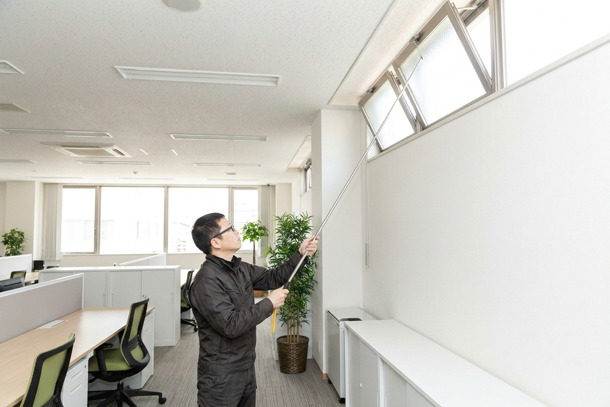 オフィスビルの排煙窓を点検する特定建築物調査員