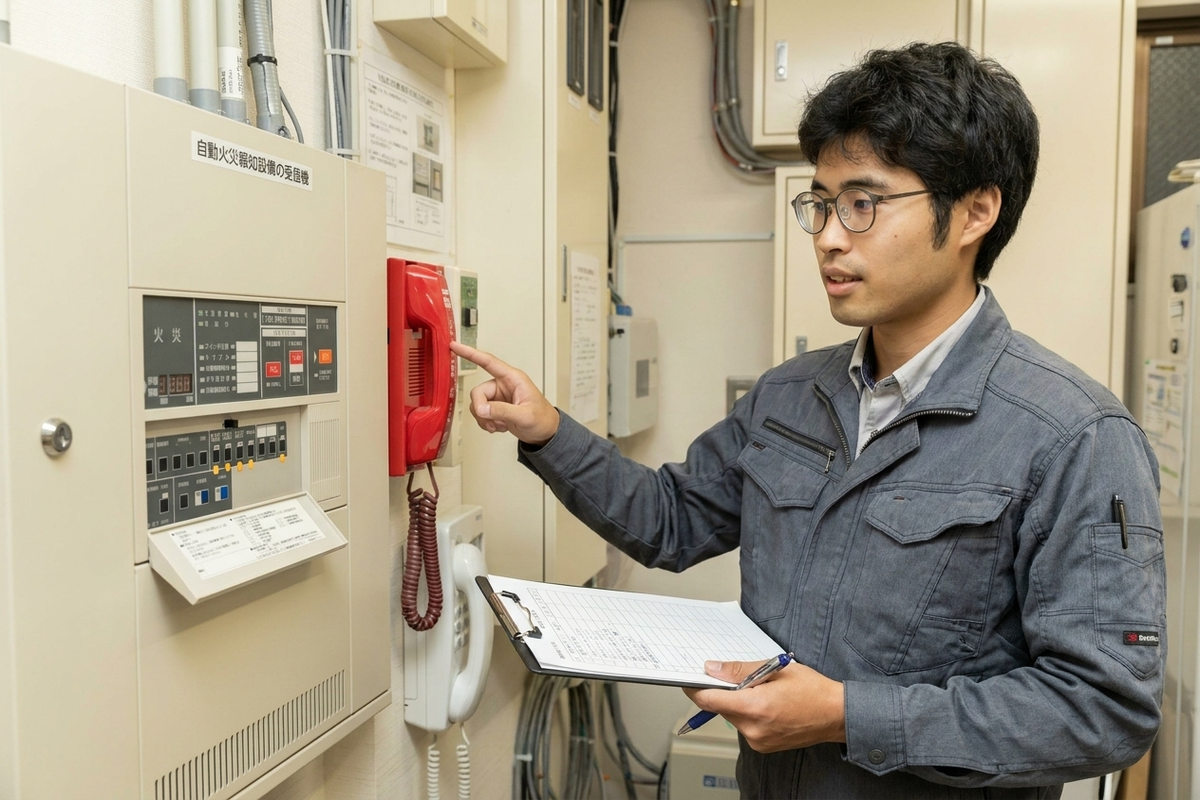 受信機前で点検員と防火管理者が火災通報装置の点検を確認するイメージ