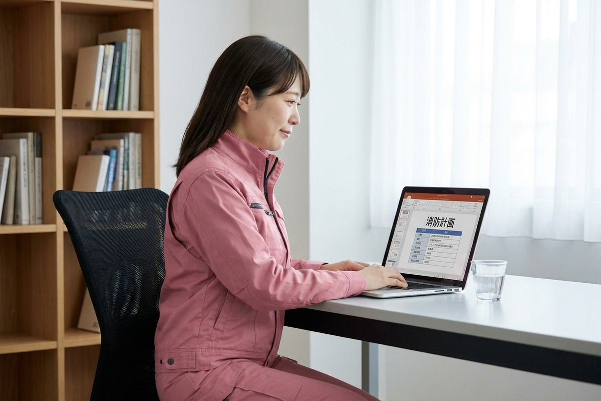 ノートPCで消防計画を作成・更新する防火管理者の女性スタッフ