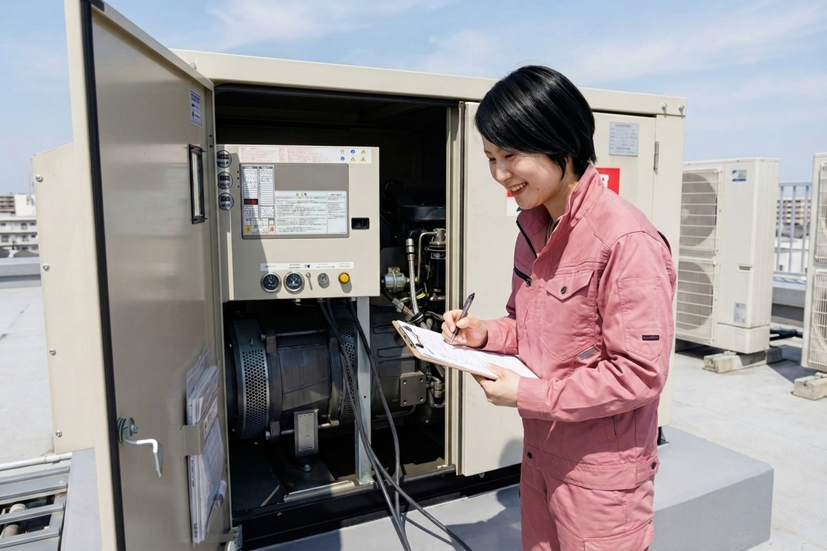 非常用発電機のキャビネットを開けて内部観察点検を行う点検員のイメージ