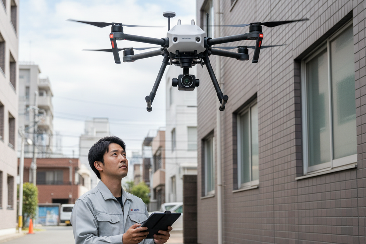 ドローンで外壁に正対して撮影する外壁赤外線調査の現場風景