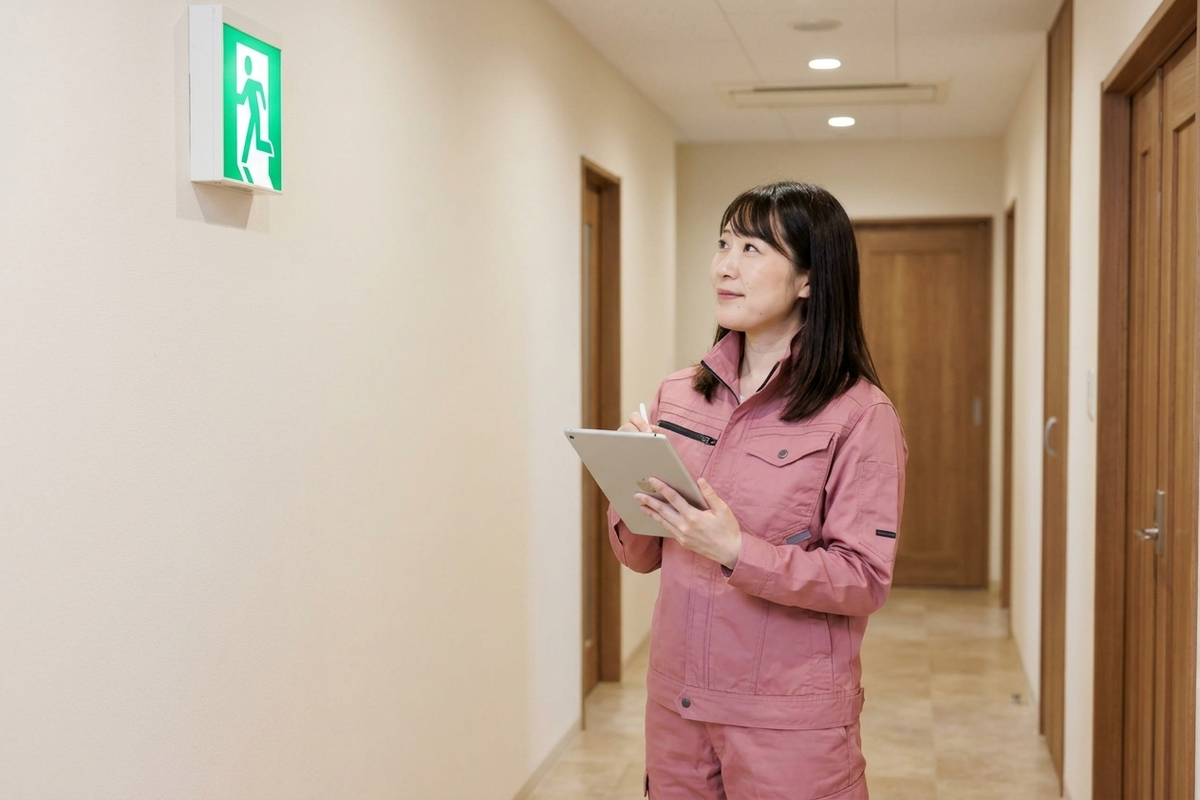 オフィスビル廊下の誘導灯（避難口誘導灯）の点灯確認を行う防火管理者