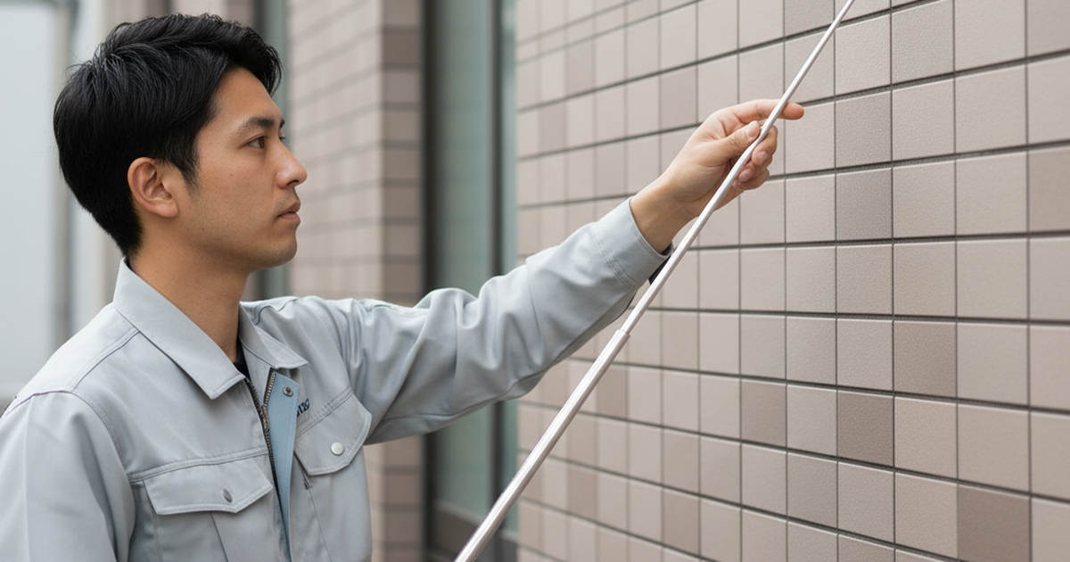 打診棒で外壁タイルを直接打診するテックビルケアの調査員