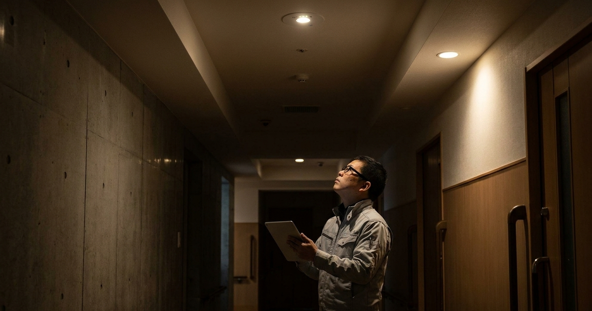 非常用照明装置を点灯させて目視確認する様子