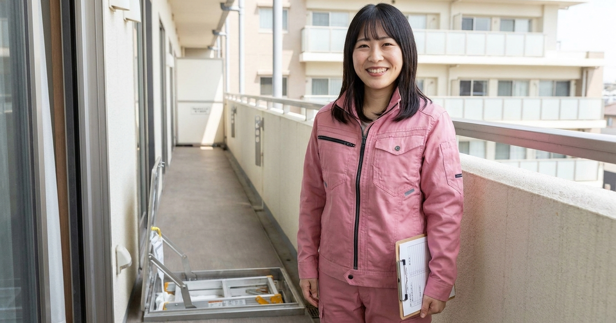 マンションバルコニーの避難ハッチを開けて避難はしごを点検する点検員のイメージ