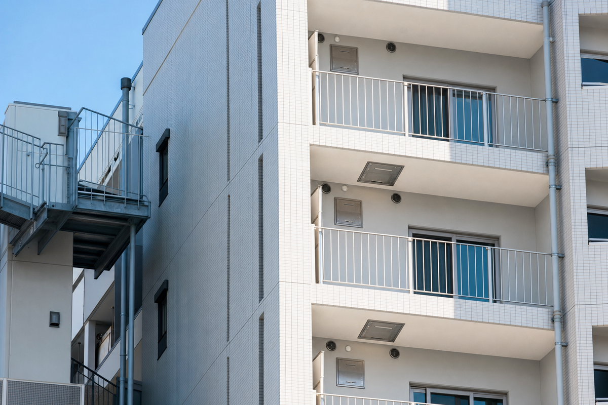 屋外の壁面に設置された避難脱出用器具のコンセプトイメージ（屋外避難イメージ）