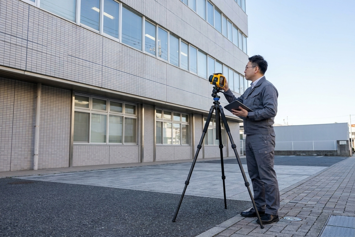 地上型FLIR赤外線カメラを建物外壁に向けて撮影するテックビルケアの調査員