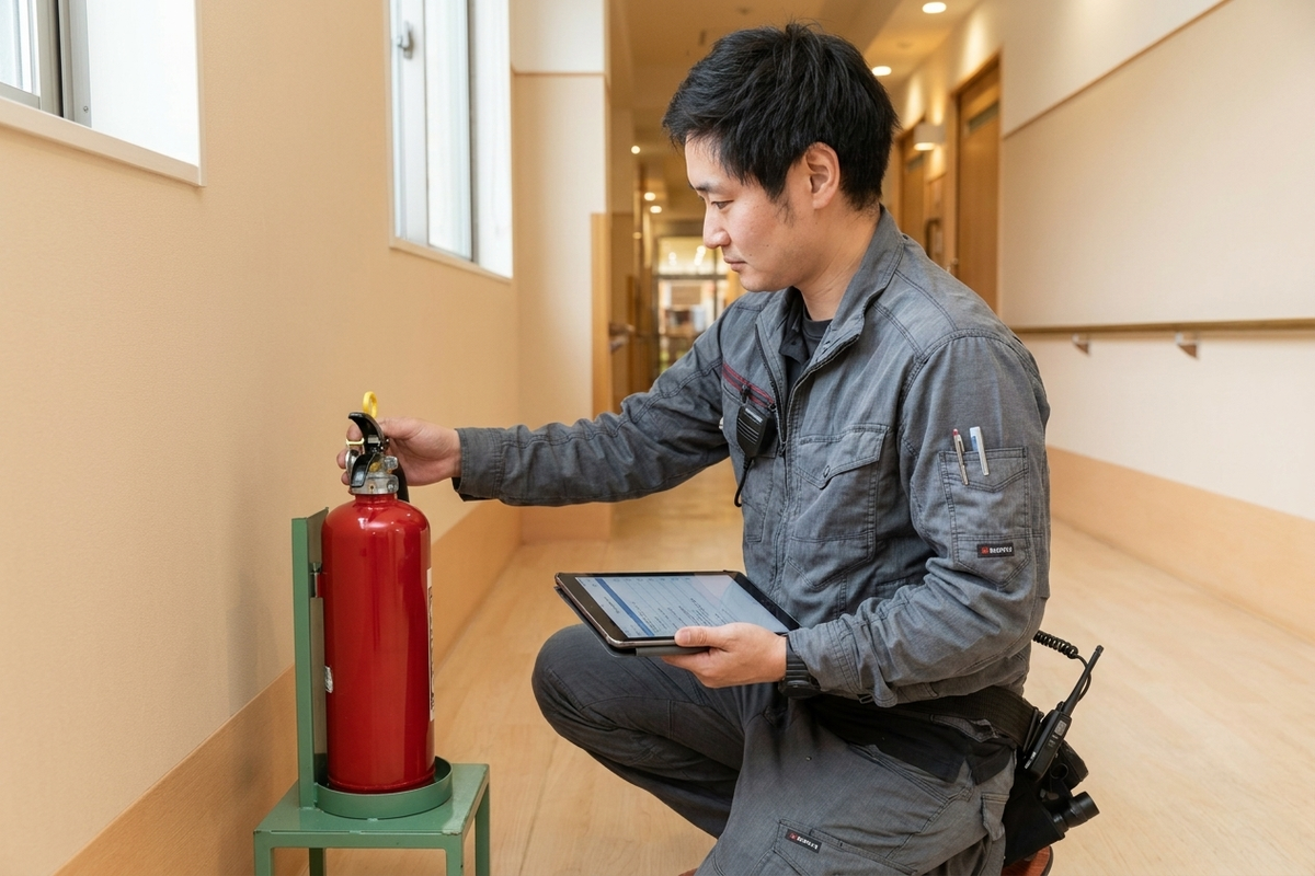 A fire equipment inspector performing Kiki Tenken (Equipment Inspection) on a Japanese fire extinguisher