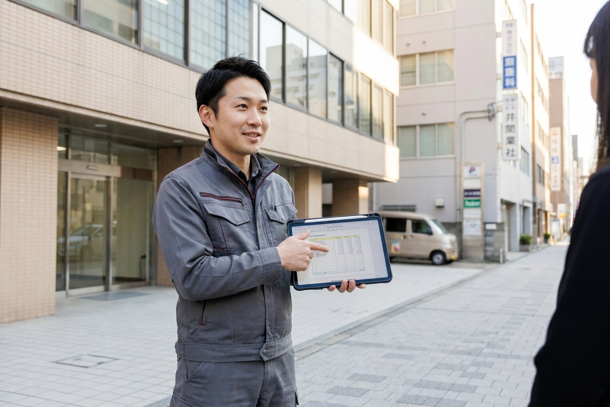 大阪のオフィスビル前でiPadの見積もり画面を依頼主に見せながら費用内訳を説明するテックビルケアの男性スタッフ