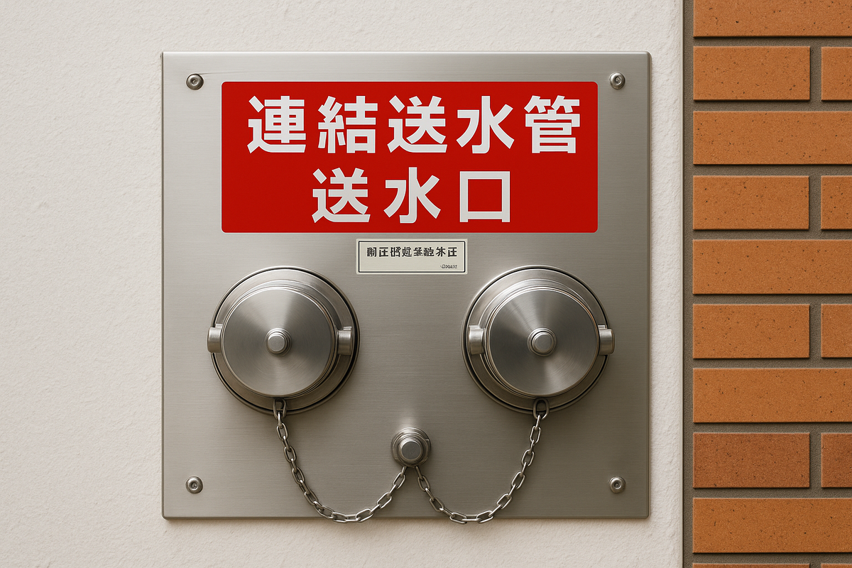 ビル外壁に設置された連結送水管送水口の正面クローズアップ。ステンレス露出プレートに赤い「連結送水管 送水口」識別表示と双口形の銀色キャップ2つ