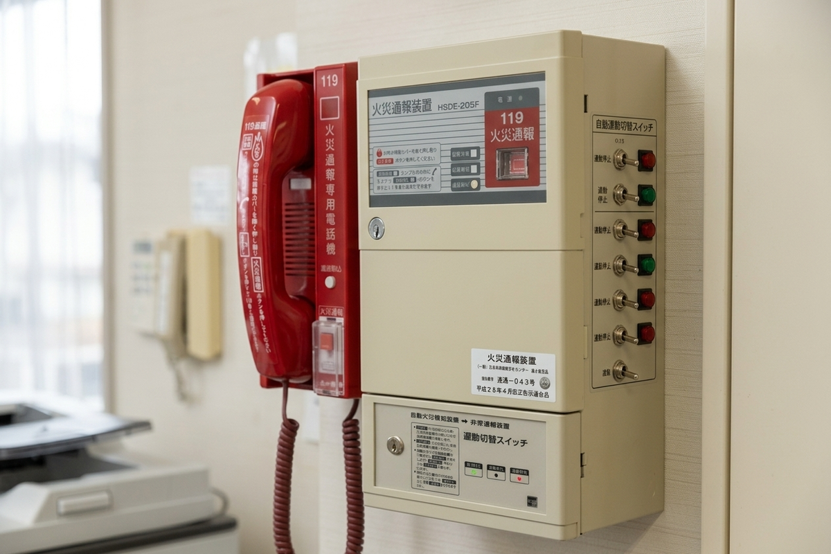 消防訓練前に火災通報装置の連動停止スイッチを切り替えるテックビルケアの担当者