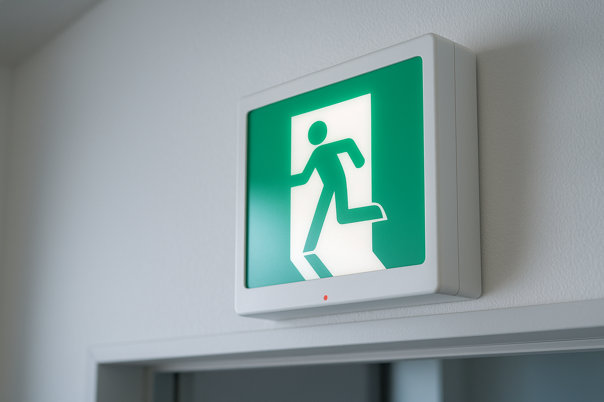 壁面に設置されたLED式の避難口誘導灯（緑地・白ピクト）と動作中の赤色LEDインジケーター