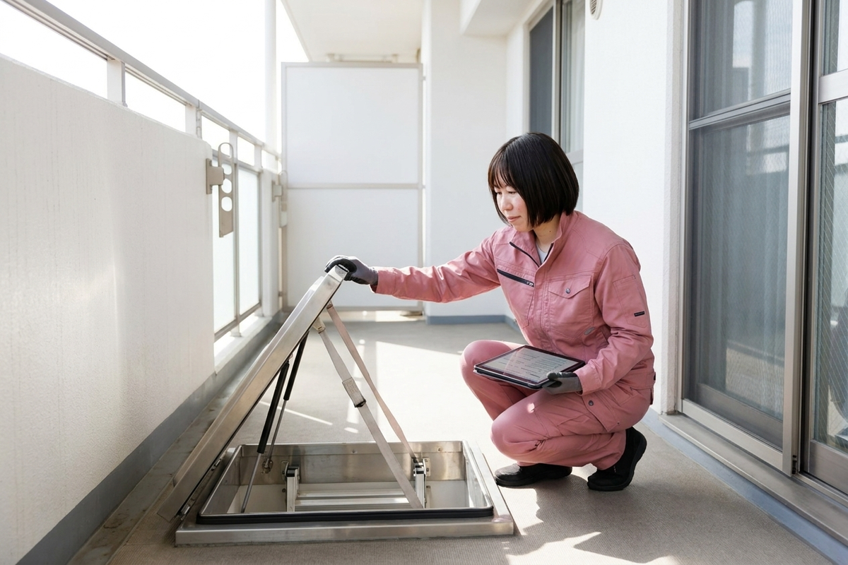 避難用はしごとロープによる屋外脱出の様子イメージ