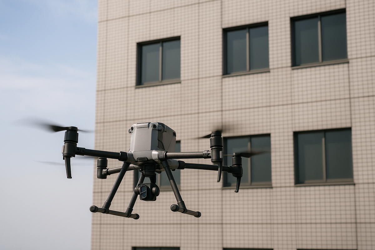 ドローンによる外壁赤外線撮影のイメージ。建物に正対し約10m離れた位置で飛行