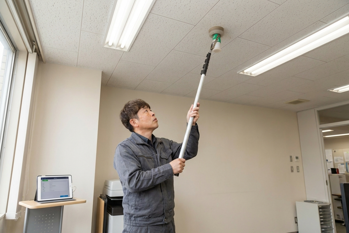 A fire equipment inspector performing Sōgō Tenken using a heat-test pole to activate a ceiling-mounted heat detector