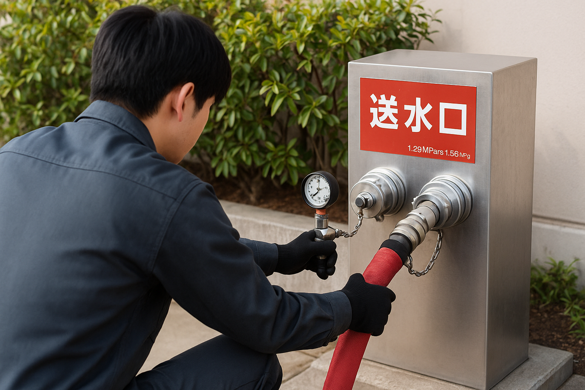 屋外の連結送水管送水口で耐圧試験を実施する点検員。片方の送水口に圧力計付き治具、もう片方に赤い消防ホースを接続して加圧している