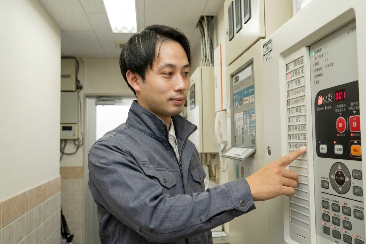訓練中に火災受信機の主音響停止スイッチを操作するテックビルケアの担当者