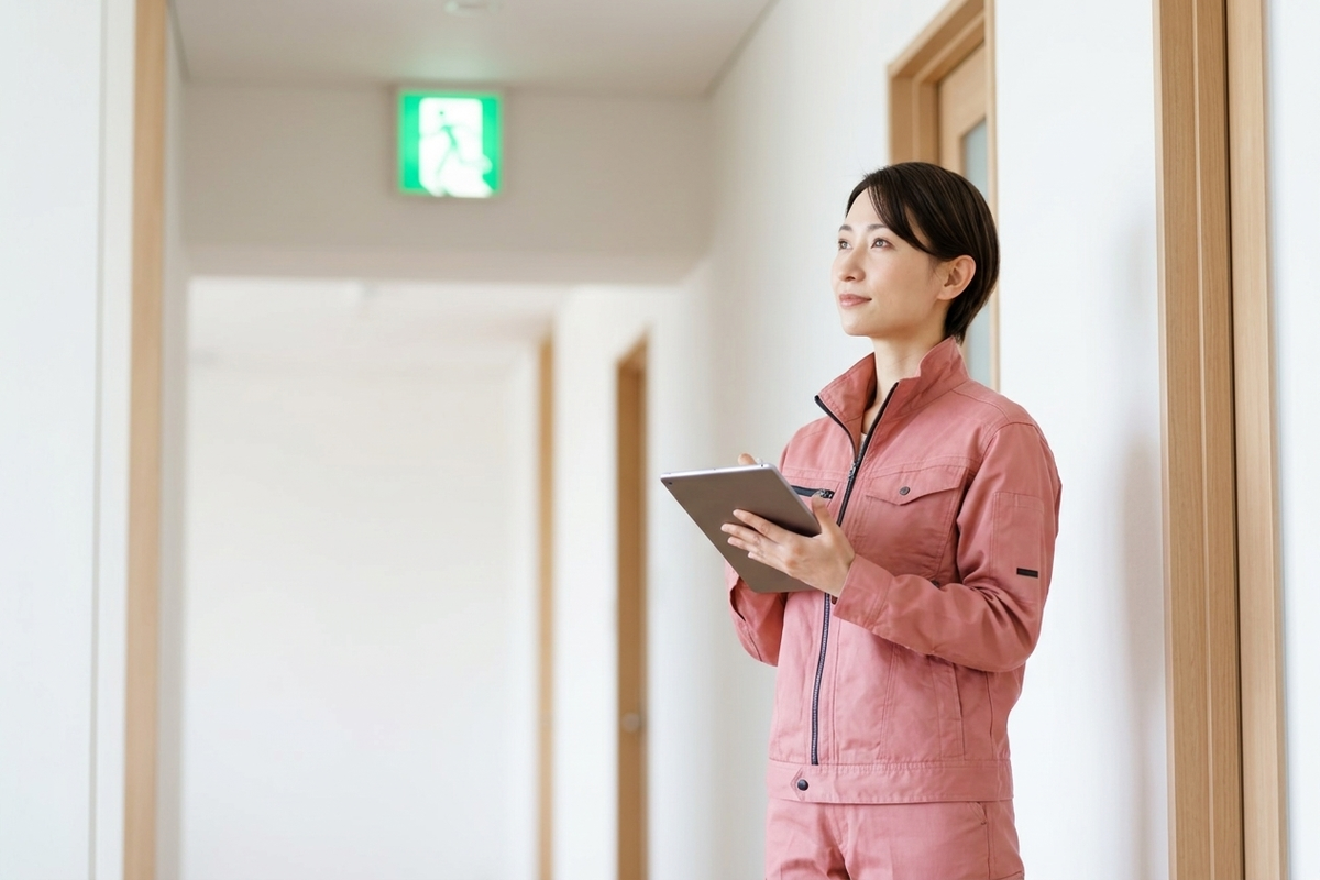 モダンな建物の廊下で誘導灯を確認しながらタブレット端末で点検記録を取るテックビルケアの女性スタッフ