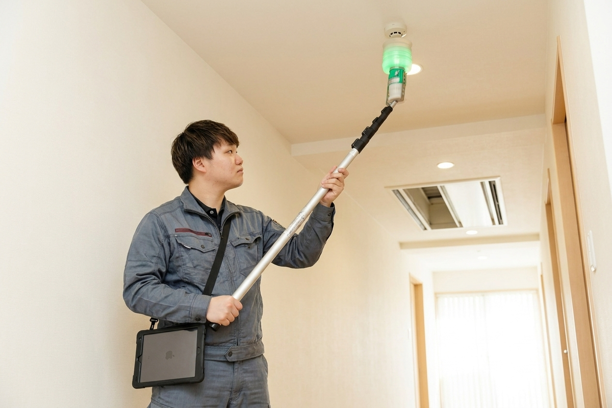 伸縮ポールで天井の煙感知器を試験する作業員と防火シャッター連動の点検風景