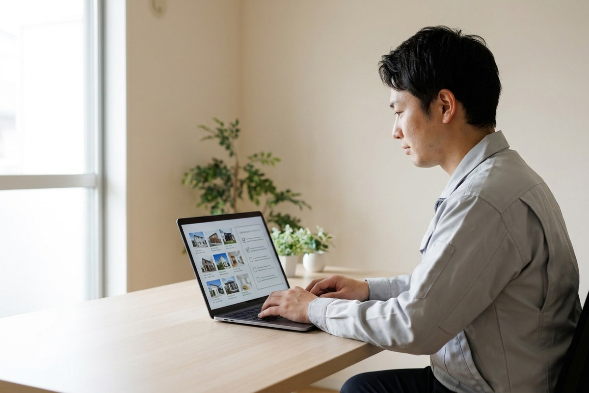ホームインスペクションの調査結果をパソコンで報告書としてまとめる様子