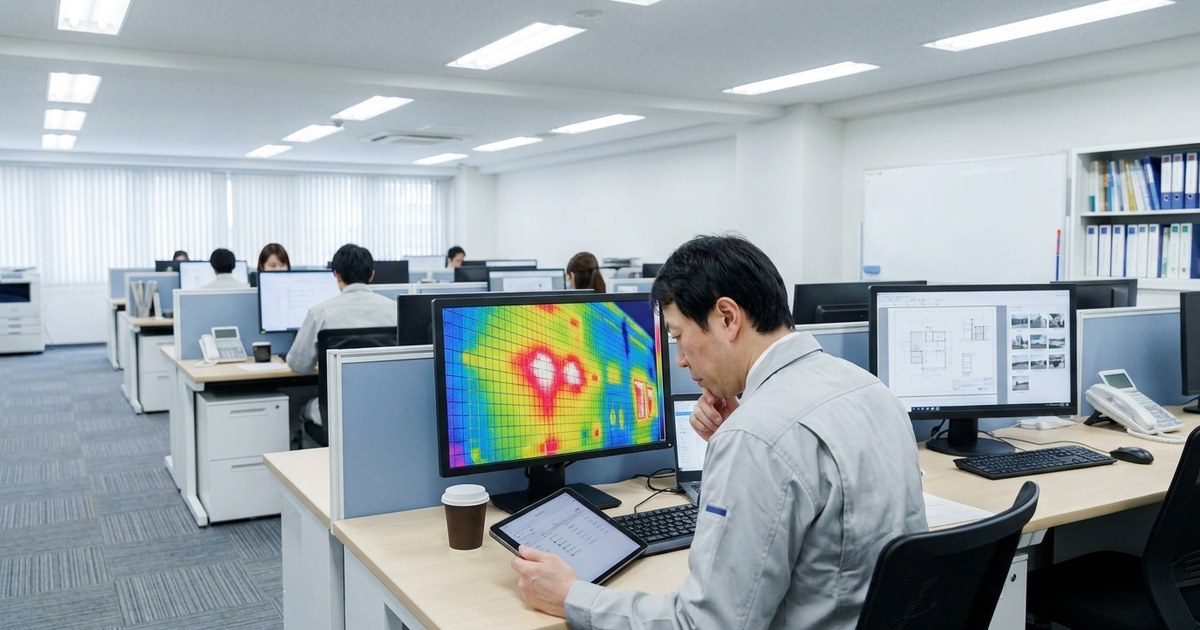 赤外線外壁調査の熱画像をPCモニターで解析する解析担当者
