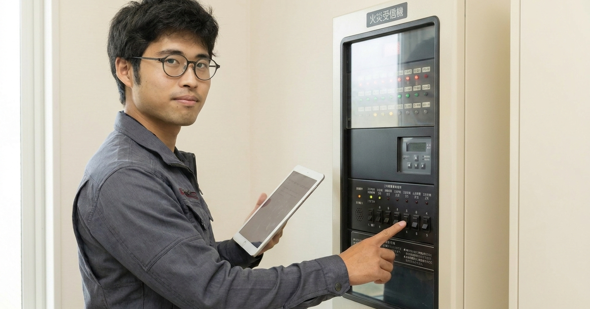 火災受信機の前で機器の状態を確認する消防設備点検の作業風景