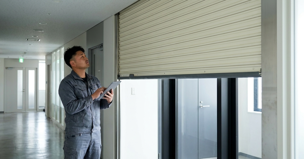 ビル廊下に半分降下した防火シャッターを点検する作業員