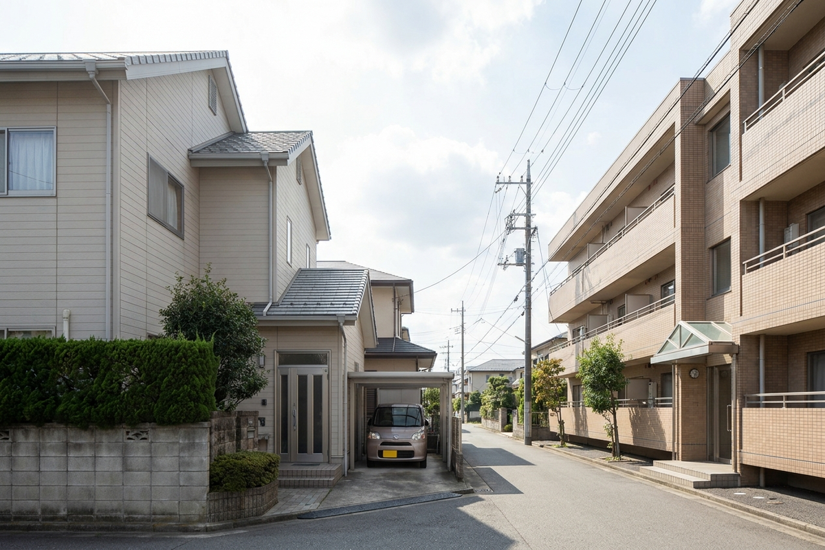 日本の住宅街に並ぶ既存住宅の戸建てと低層マンションの外観