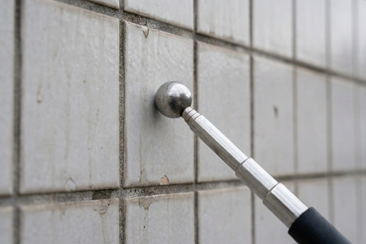 特定建築物定期調査の外壁打診で、打診棒の先端をタイル面に当てて浮き・剥落を確認する様子のクローズアップ