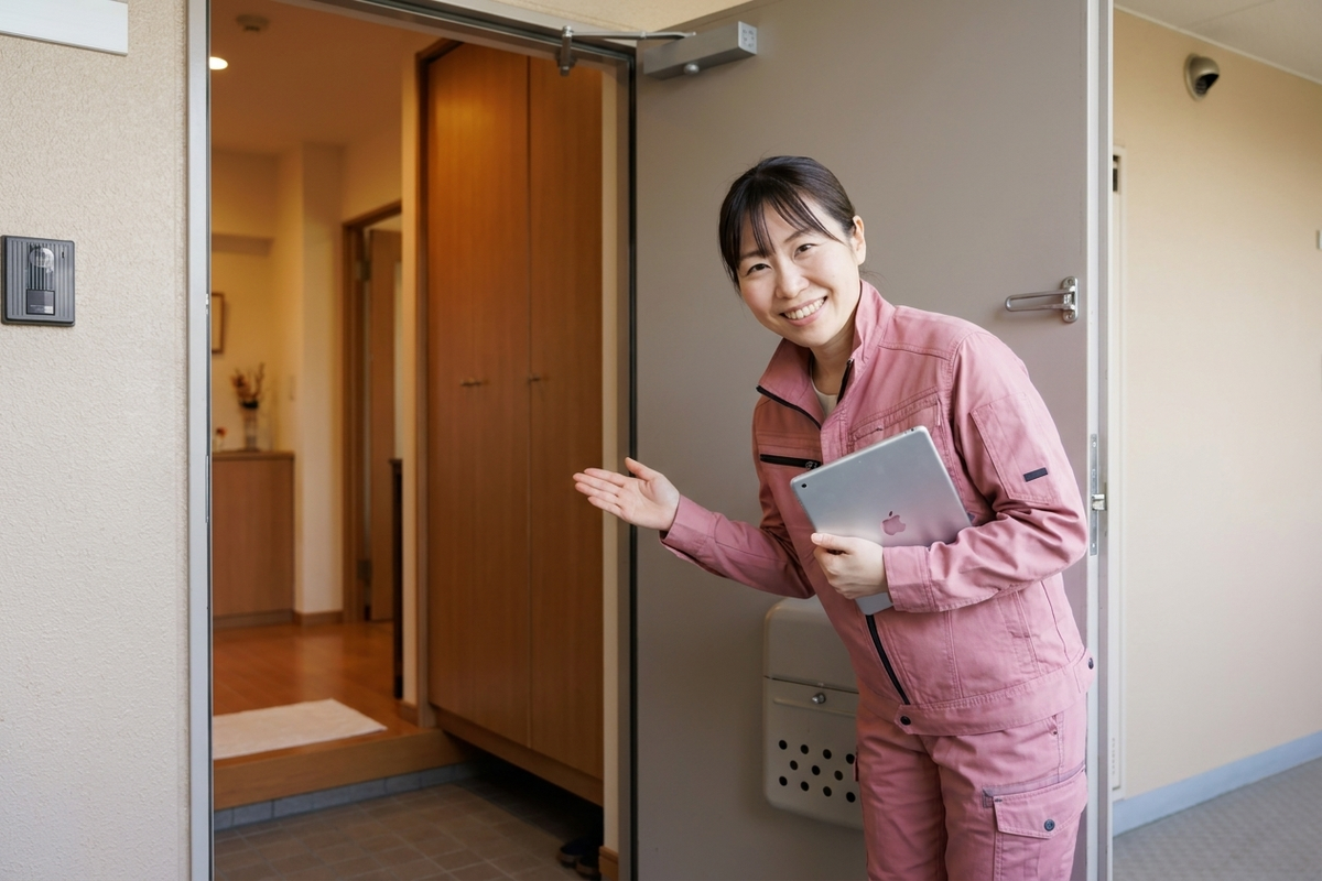 マンション玄関先でiPadを手に住戸へ案内する女性の消防設備点検員