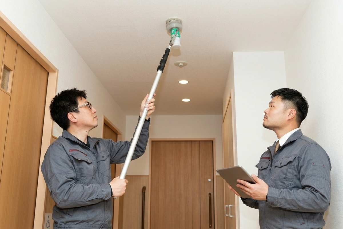 テックビルケアのスタッフが天井の熱感知器を加熱試験器であぶり試験する消防設備点検の様子