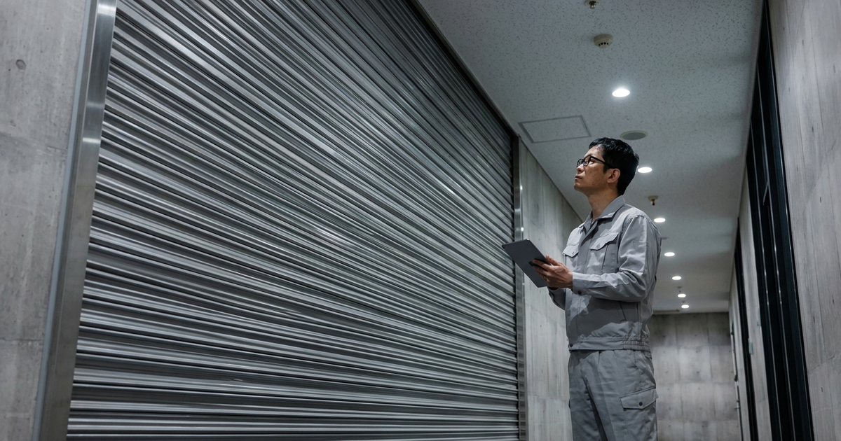 防火シャッターが閉鎖した廊下で防火設備定期検査を実施するテックビルケアの点検員